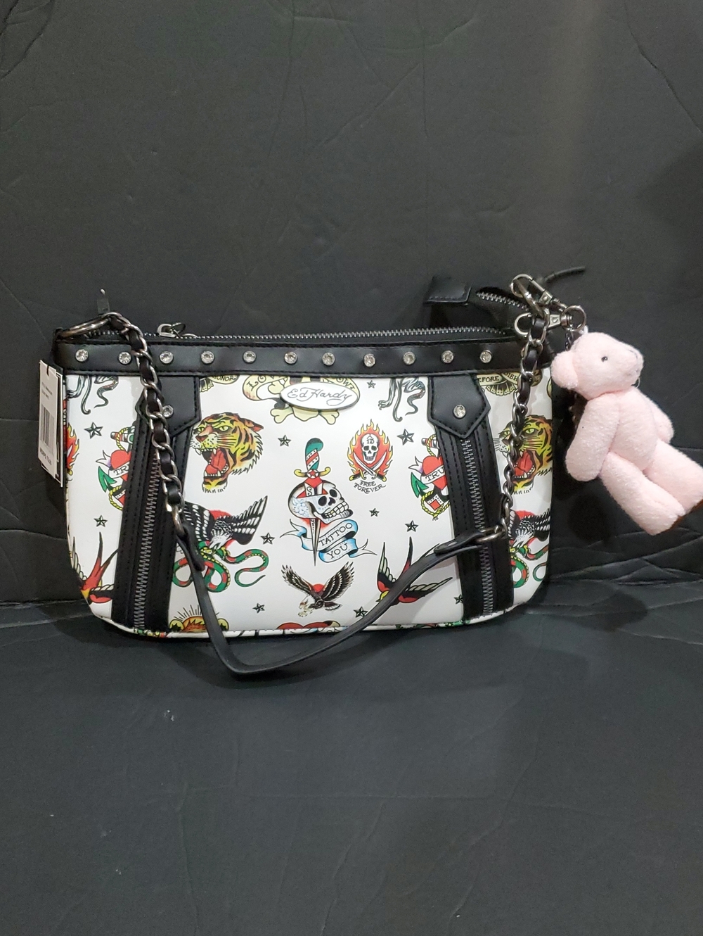 Ed hardy white and ed hardy iconic printed cz trim shoulder bag with charms new